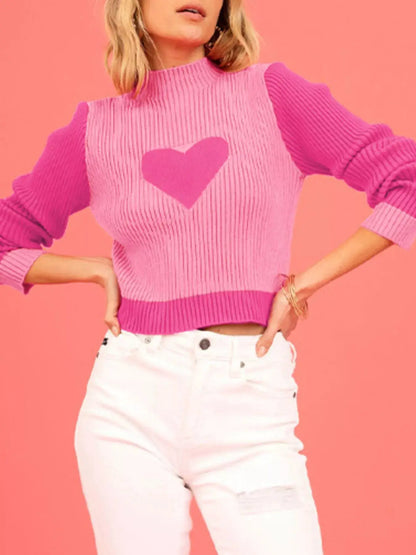 Color-Block Heart Pattern Ribbed Knit Sweater by Trendsi