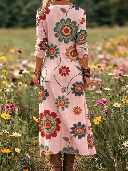 Floral Print V-Neck Long Sleeve Maxi Dress by Trendsi