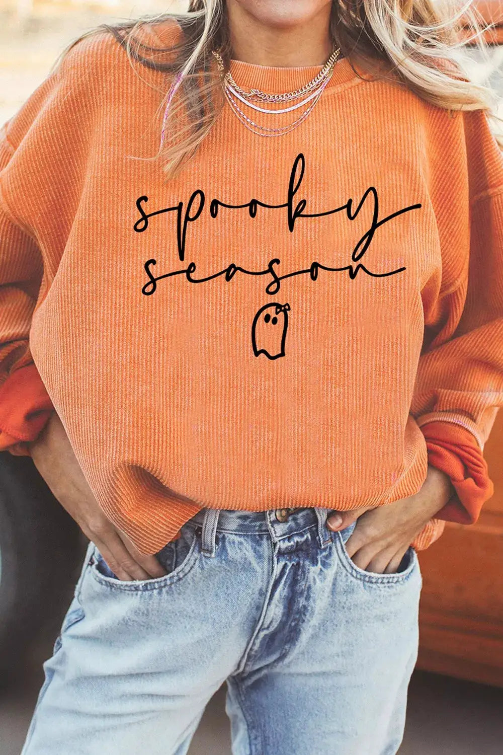 Spooky Season Ghost Letter Cozy Ribbed Pullover Sweatshirt by Trendsi