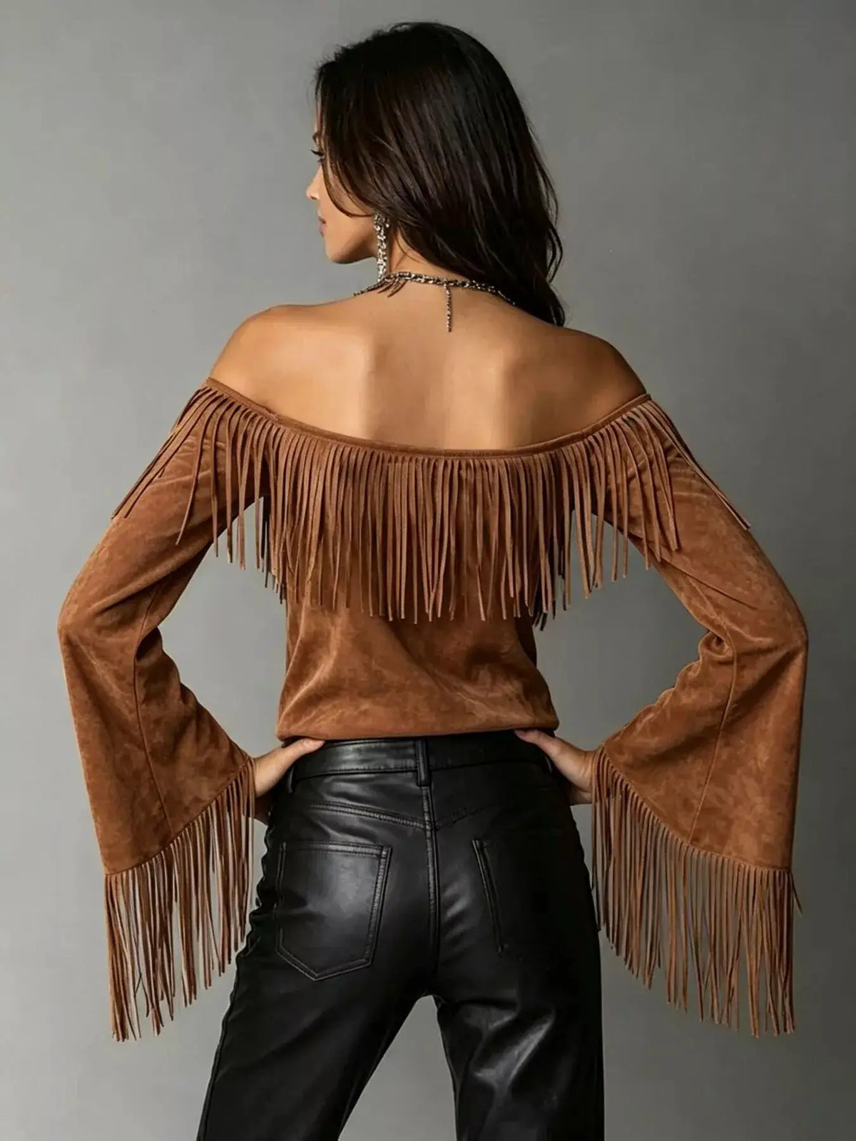 Full Size Fringed Off-Shoulder Flare Sleeve Top Plus Size by Trendsi