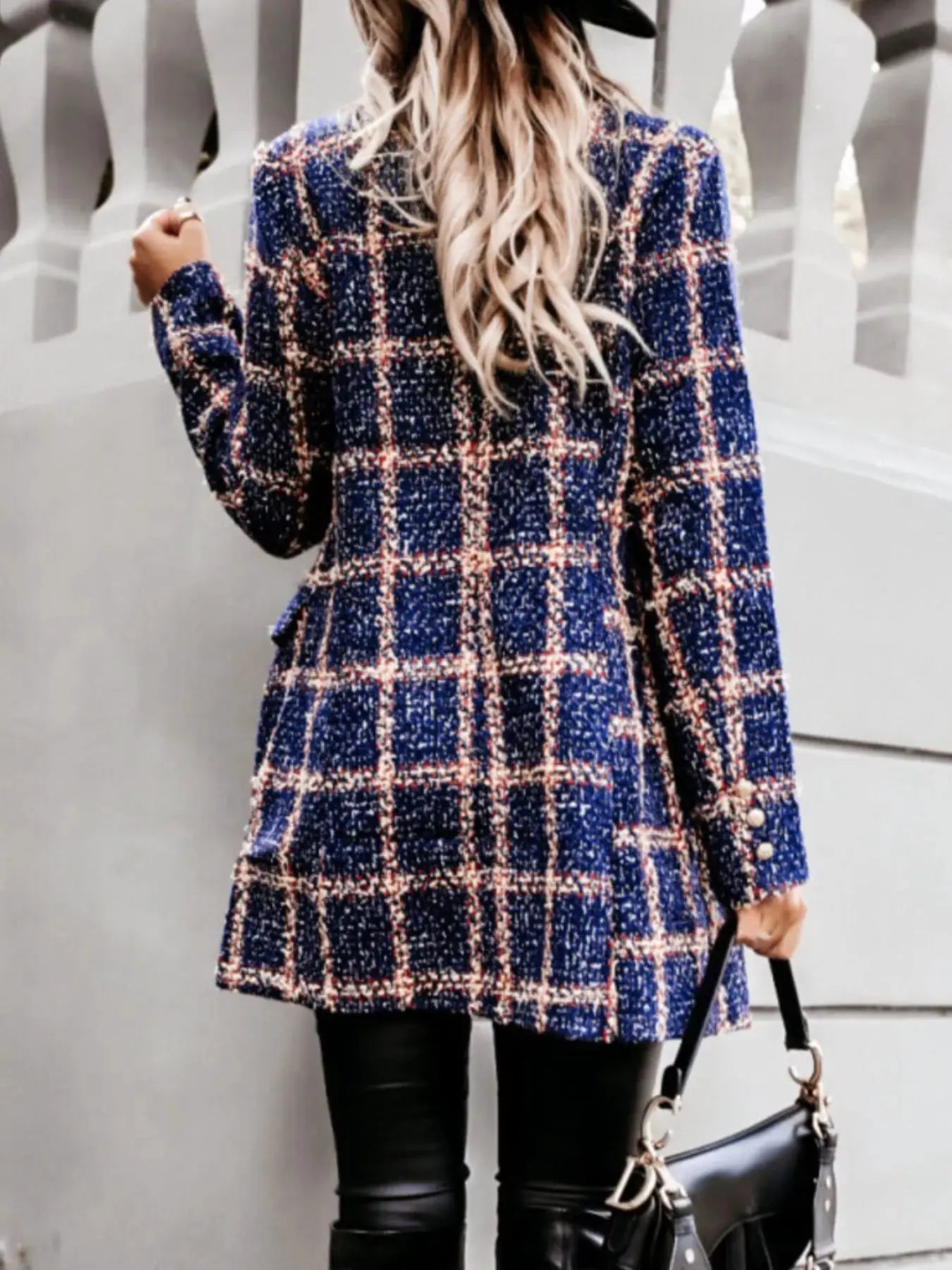 Plaid Tweed Double-Breasted Coat by Trendsi