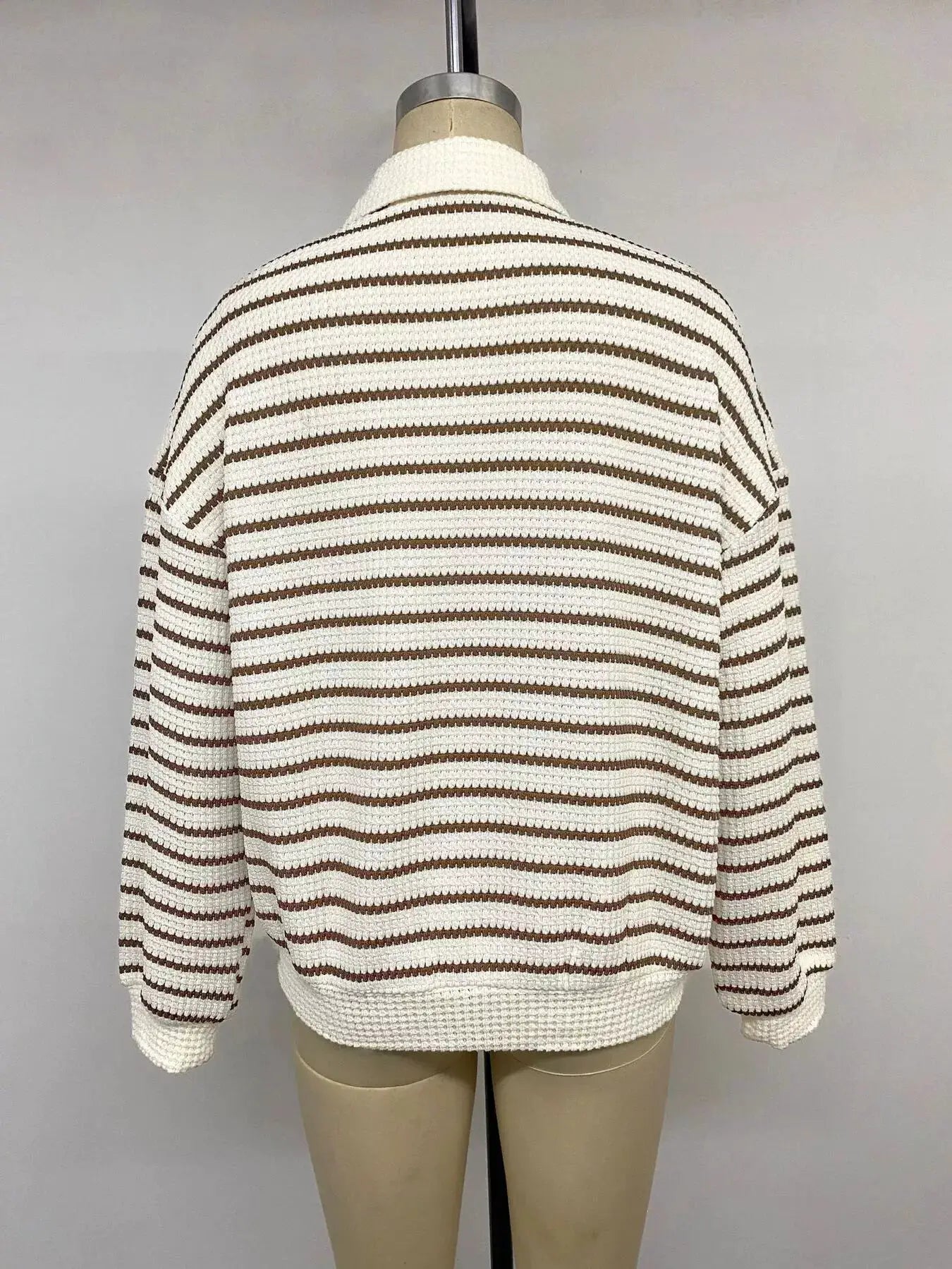 Striped Polo Collar Knit Sweatshirt by Trendsi