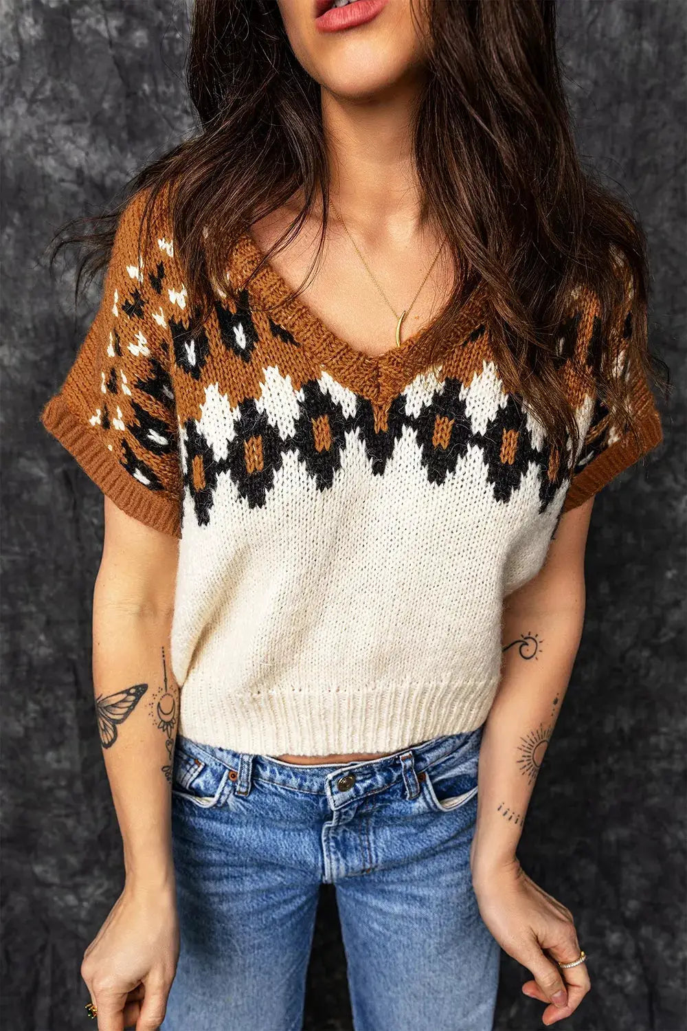 V Neck Short Sleeve Geometric Sweater by Trendsi