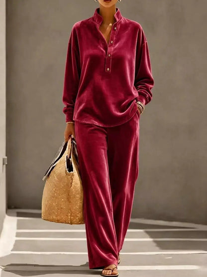 Full Size Half Button Top and Wide Leg Pants Set Plus Size by Trendsi