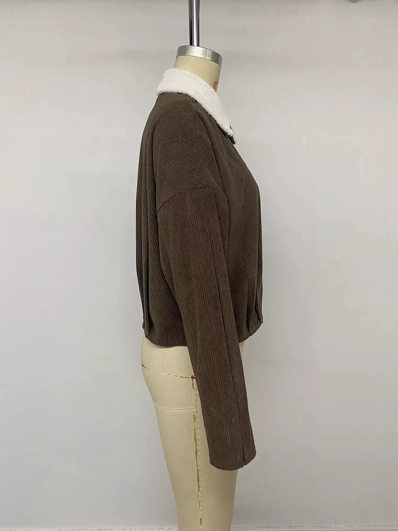 Contrast Sherpa Collar Corduroy Zip Up Jacket by Trendsi