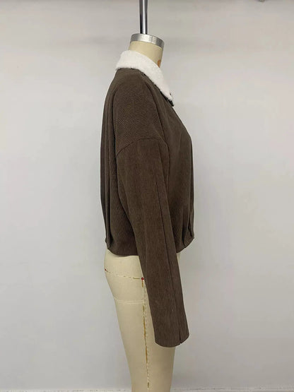 Contrast Sherpa Collar Corduroy Zip Up Jacket by Trendsi