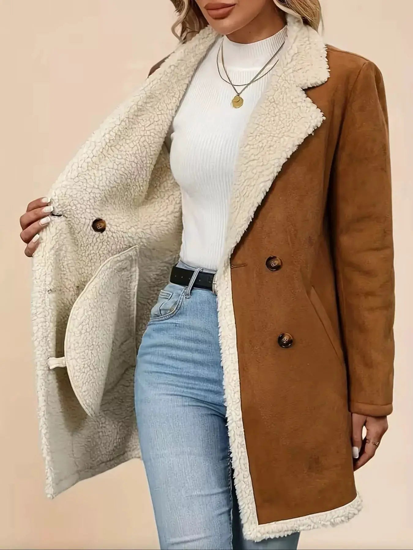 Double-Breasted Suede Outerwear by Trendsi