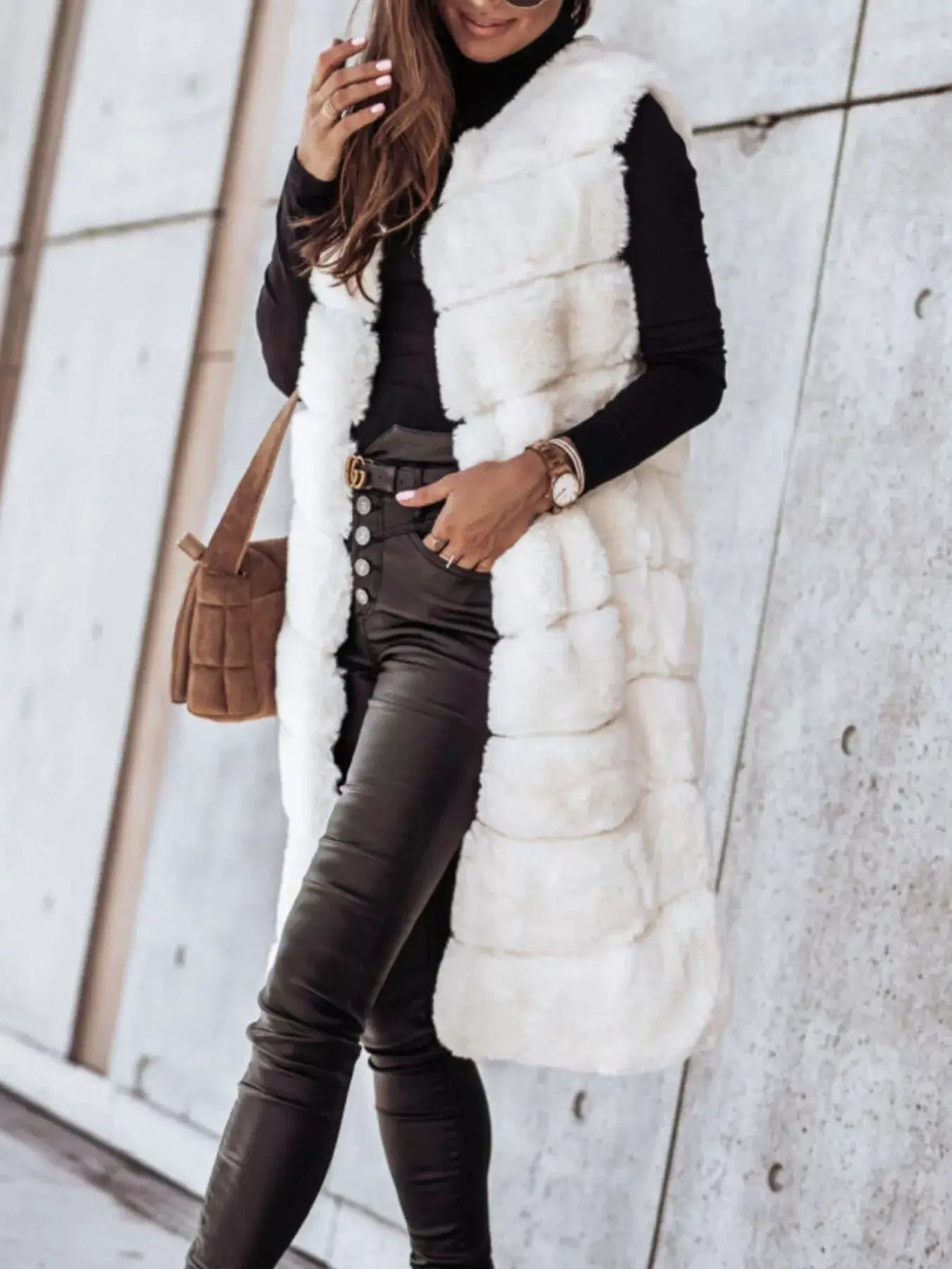 Faux Fur Longline Vest Coat by Trendsi