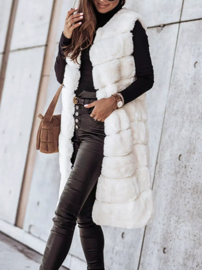 Faux Fur Longline Vest Coat by Trendsi