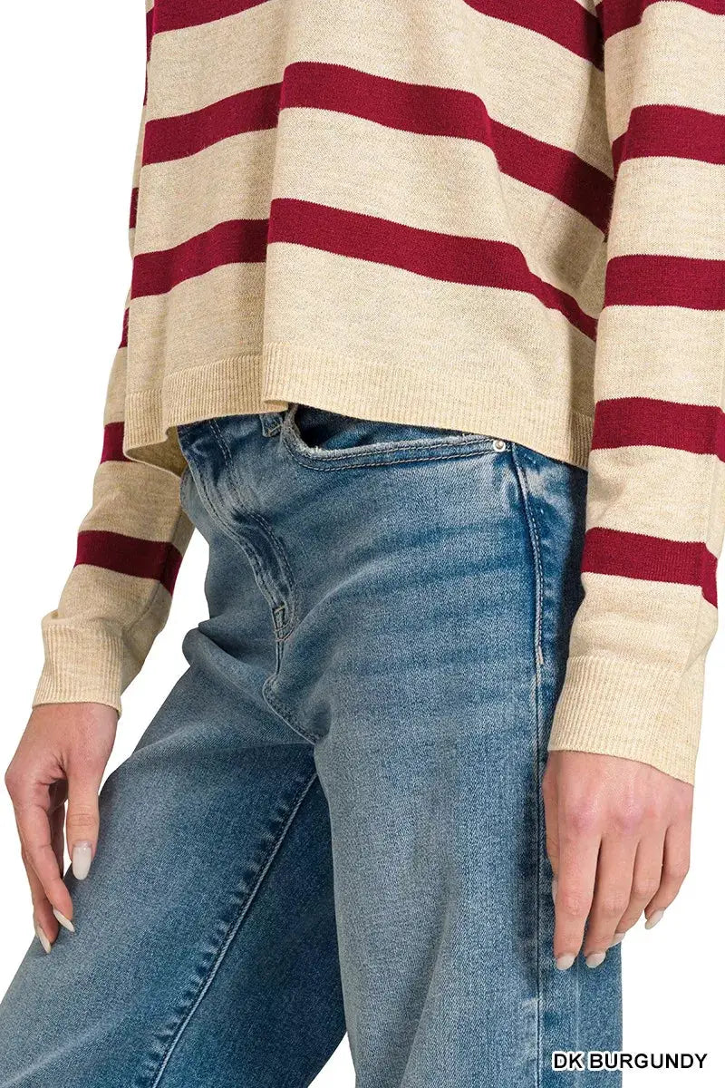 Zenana Lightweight Wool Blend Striped Round Neck Sweater by Trendsi