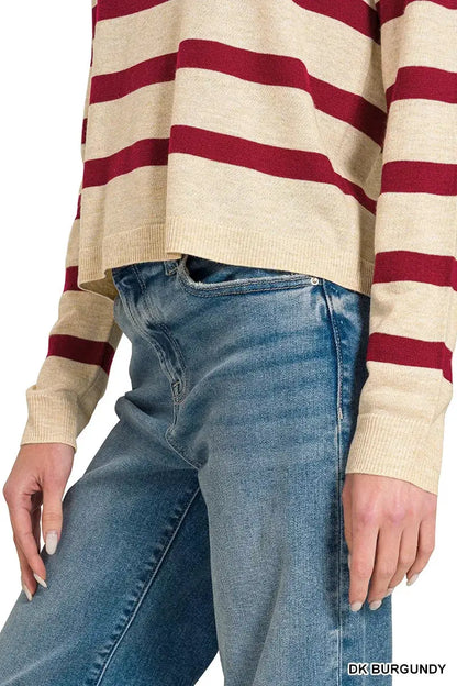 Zenana Lightweight Wool Blend Striped Round Neck Sweater by Trendsi