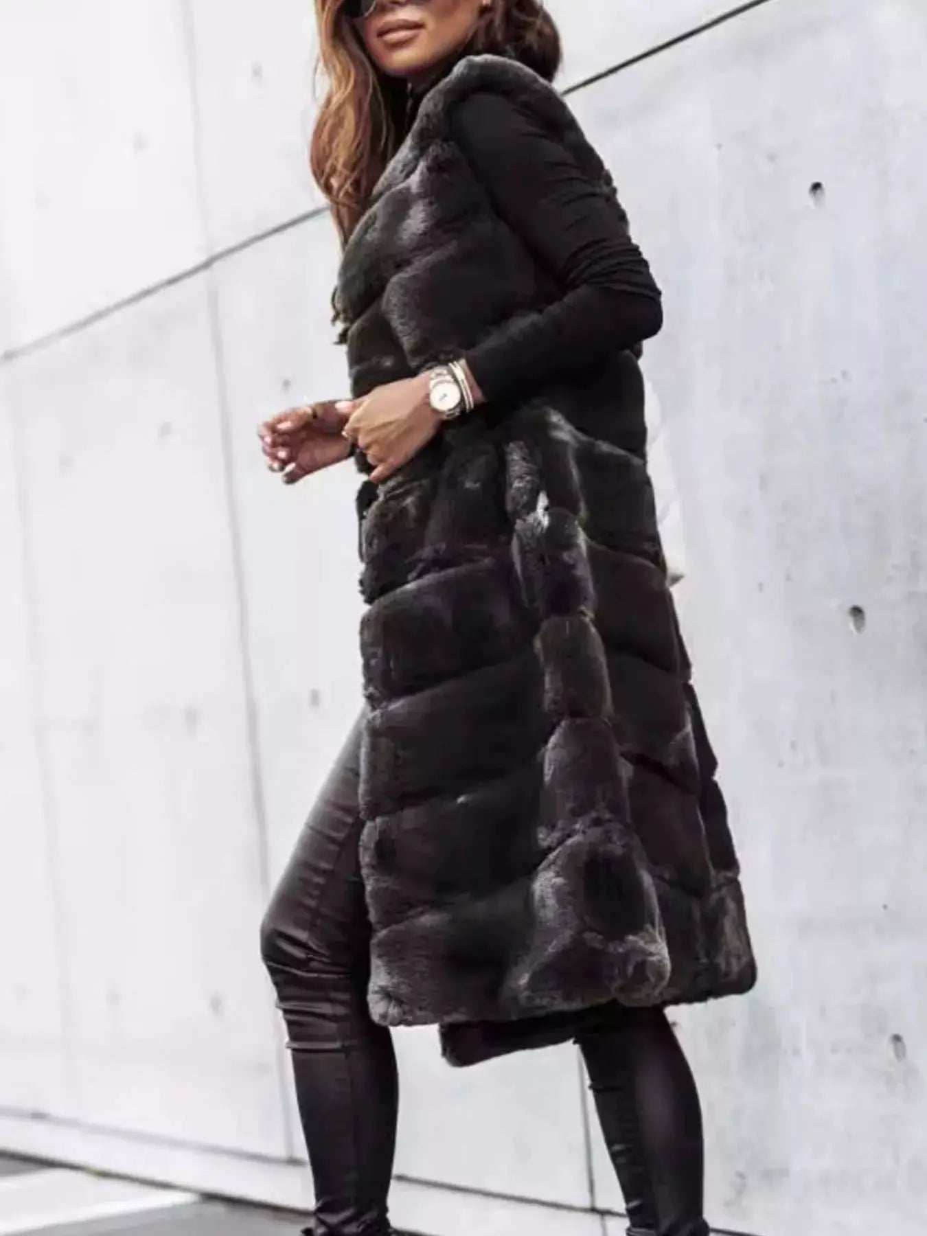 Faux Fur Longline Vest Coat by Trendsi