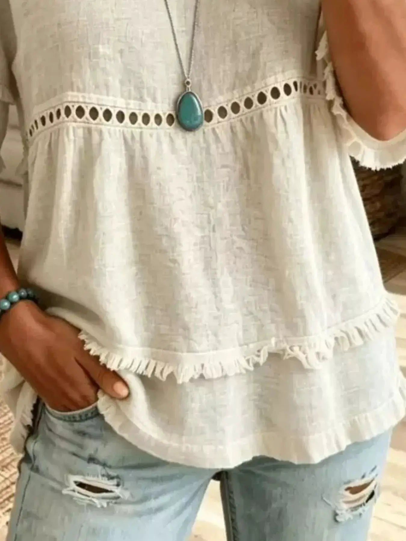 Eyelet V-Neck Frayed Edge T-Shirt by Trendsi