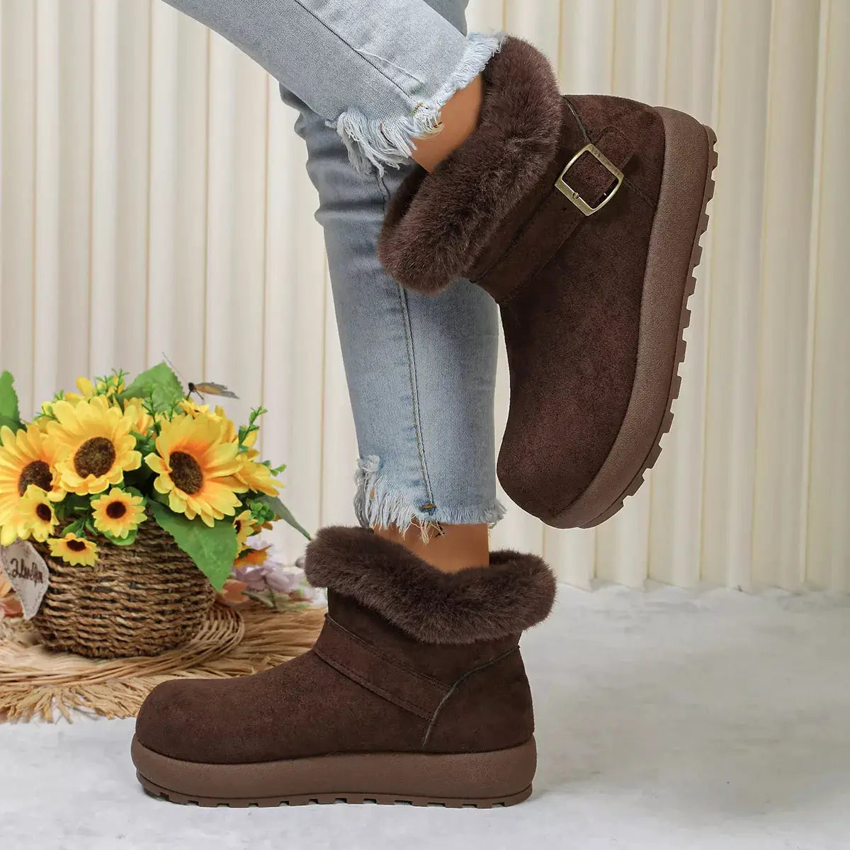 Round Toe Fuzzy Boots by Trendsi