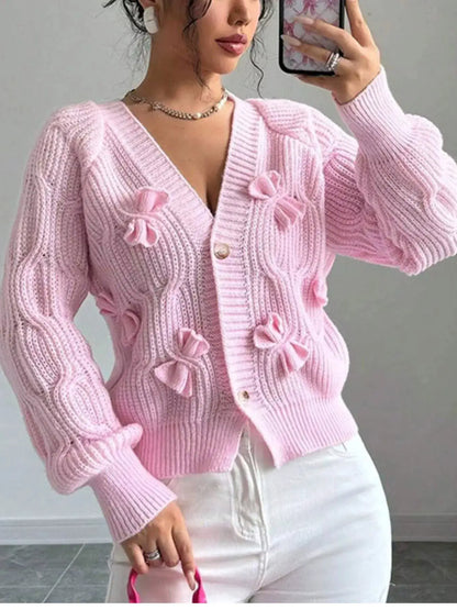 Bow Cable Knit V-Neck Cardigan by Trendsi