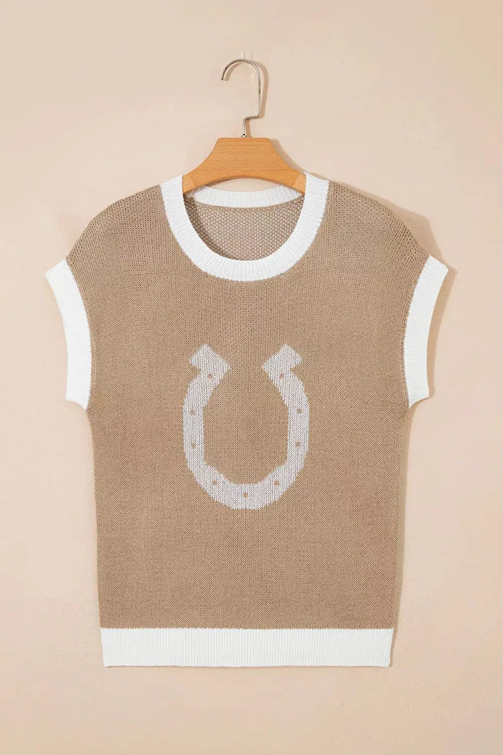 Horse Shoe Pattern Contrast Trim Short Sleeve Sweater by Trendsi