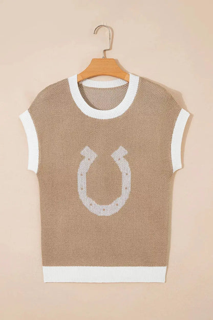 Horse Shoe Pattern Contrast Trim Short Sleeve Sweater by Trendsi