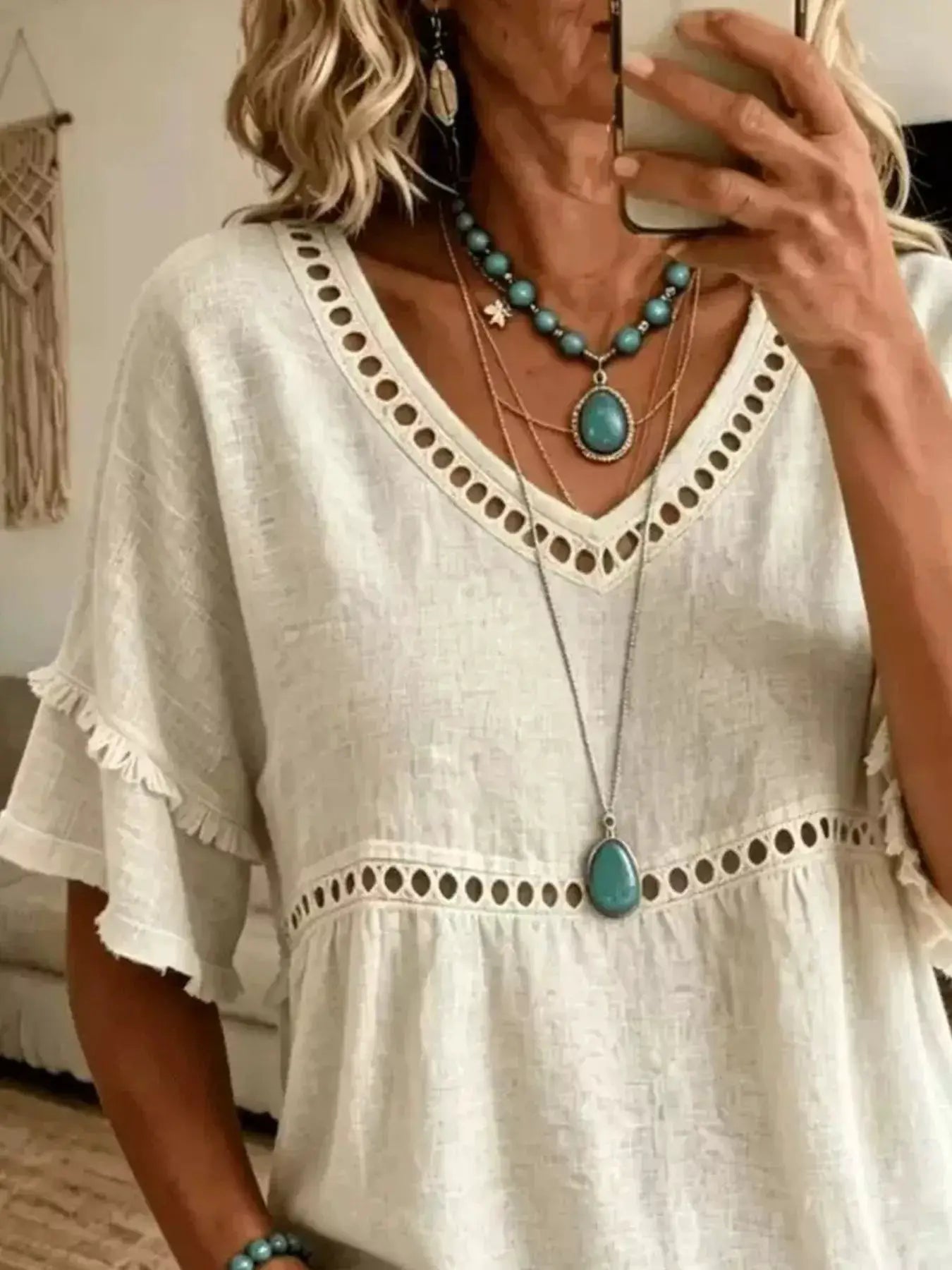 Eyelet V-Neck Frayed Edge T-Shirt by Trendsi