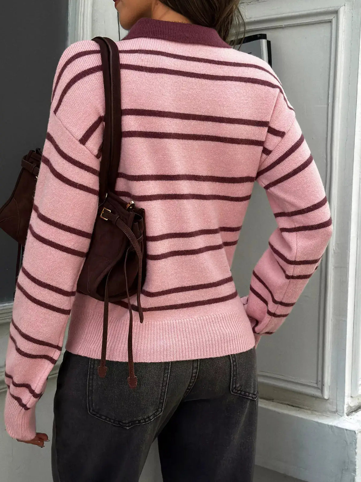 Striped Polo Collar Dropped Shoulder Sweater by Trendsi