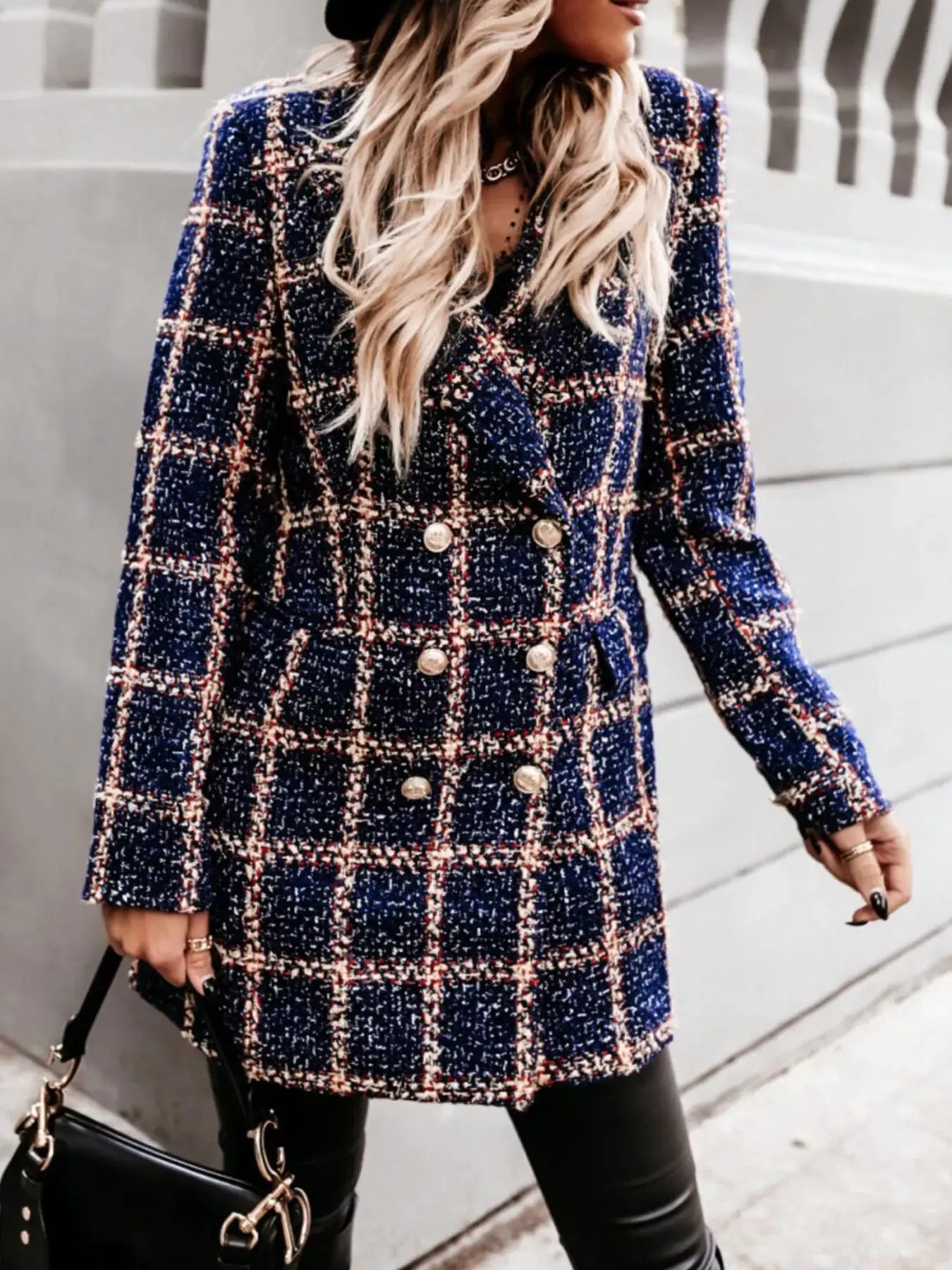 Plaid Tweed Double-Breasted Coat by Trendsi