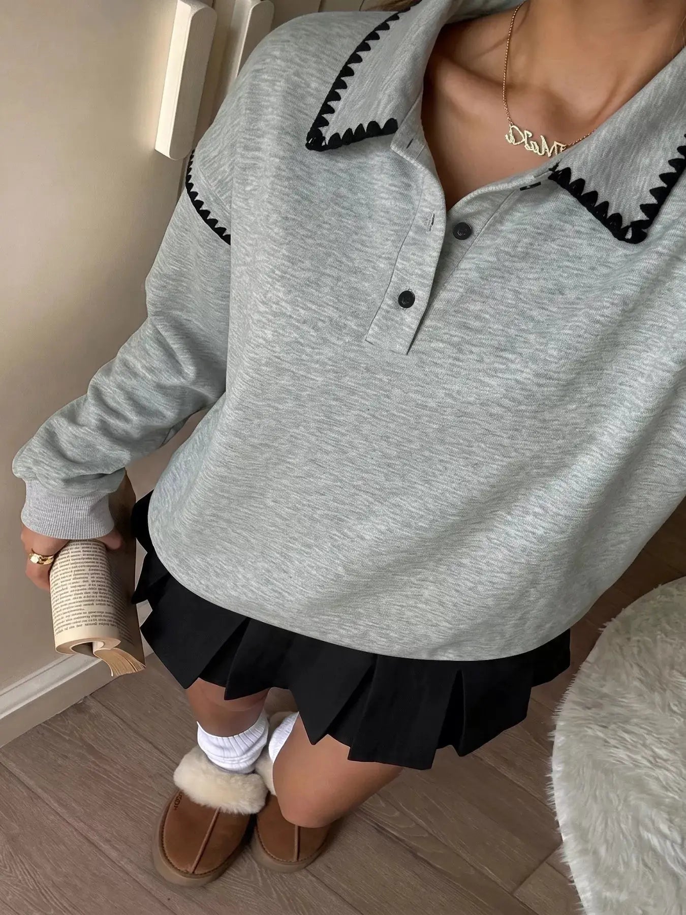 Polo Collar Dropped Shoulder Sweatshirt by Trendsi