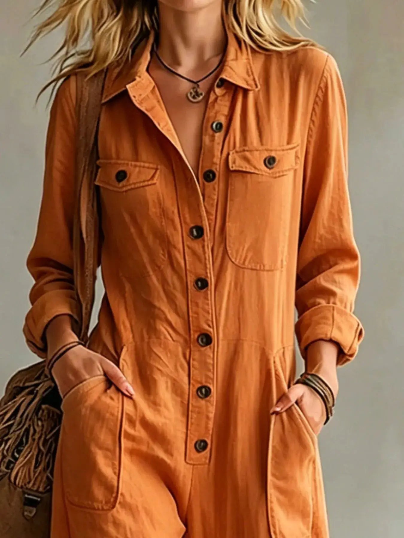 Full Size Long Sleeve Button Front Jumpsuit Plus Size by Trendsi