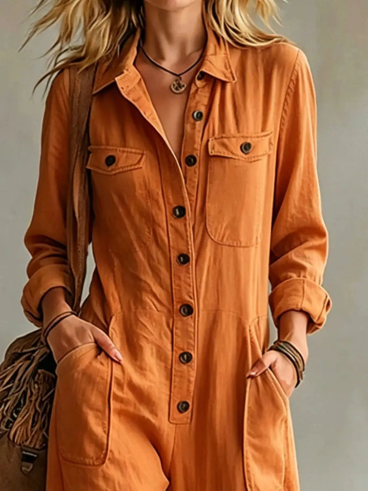 Full Size Long Sleeve Button Front Jumpsuit Plus Size by Trendsi