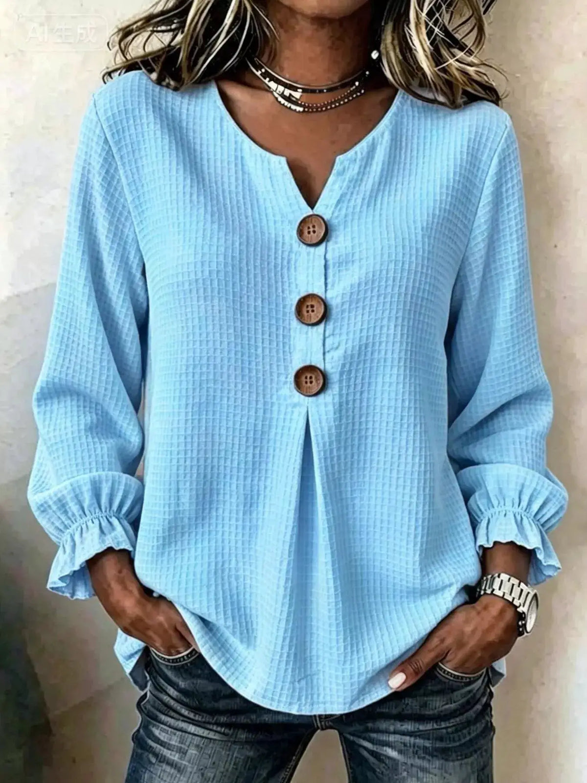 Waffle Knit Flounce Sleeve Top by Trendsi
