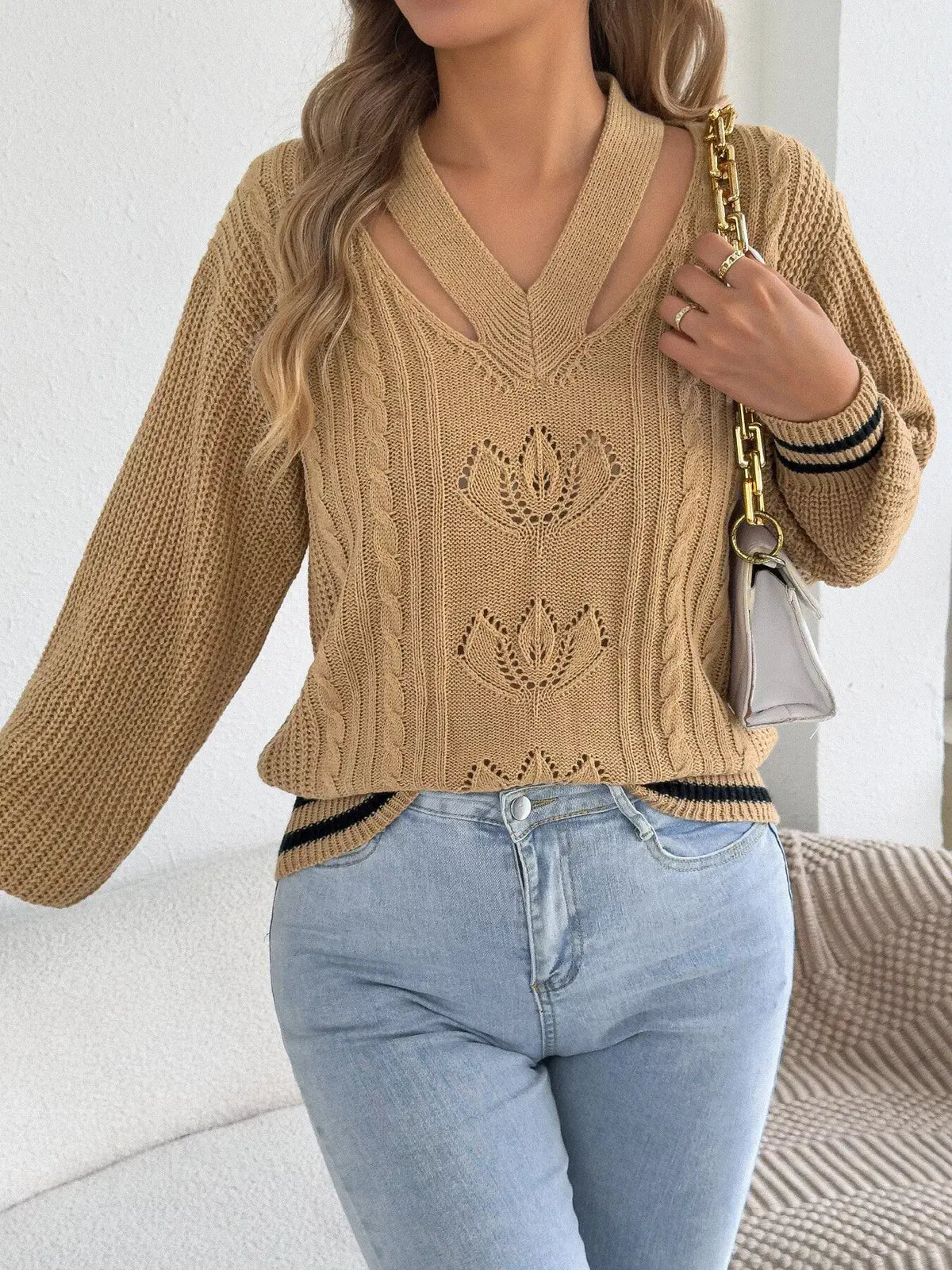 Cutout Cable Knit Sweater by Trendsi