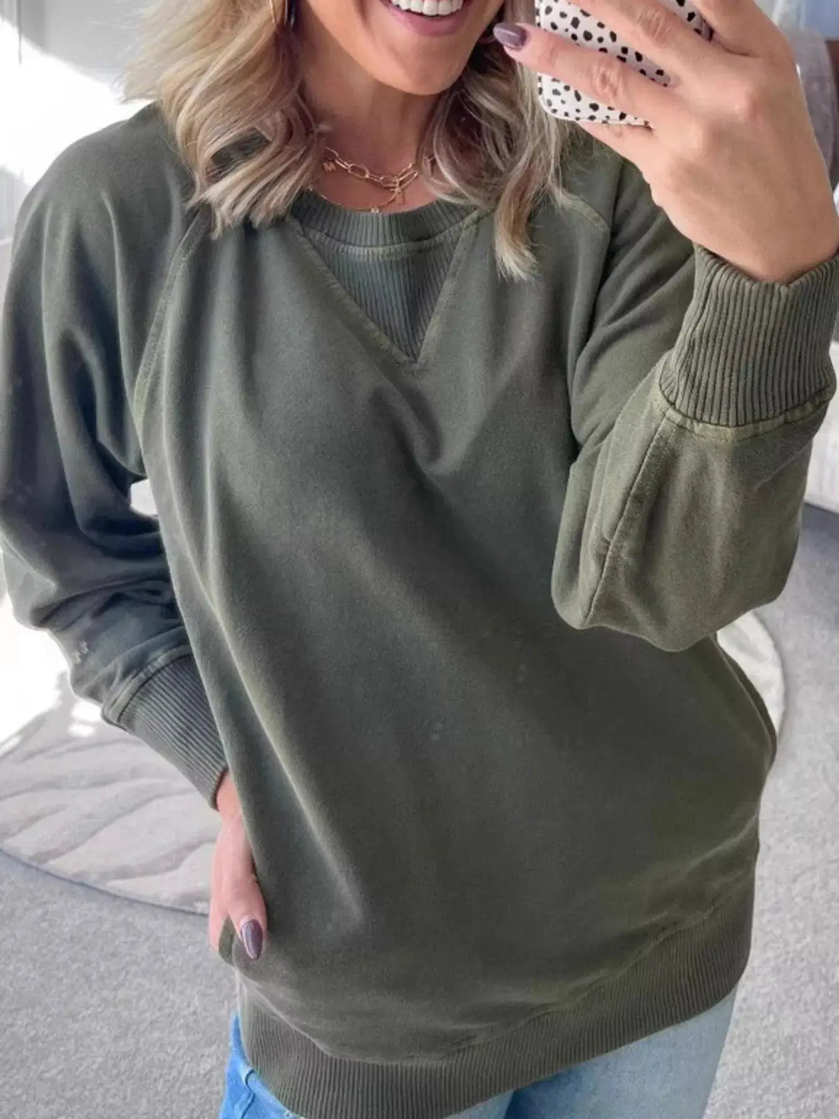 Crew Neck Raglan Sleeve Sweatshirt by Trendsi