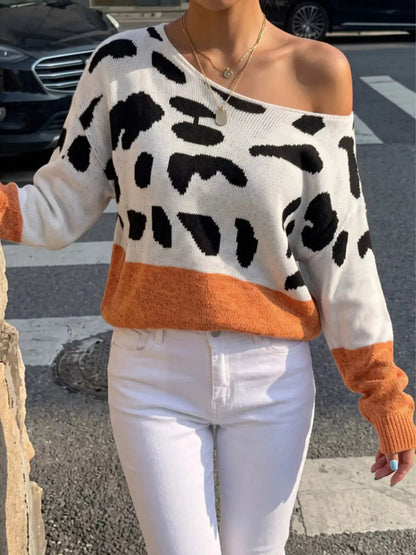 Full Size Leopard One Shoulder Sweater Plus Size by Trendsi