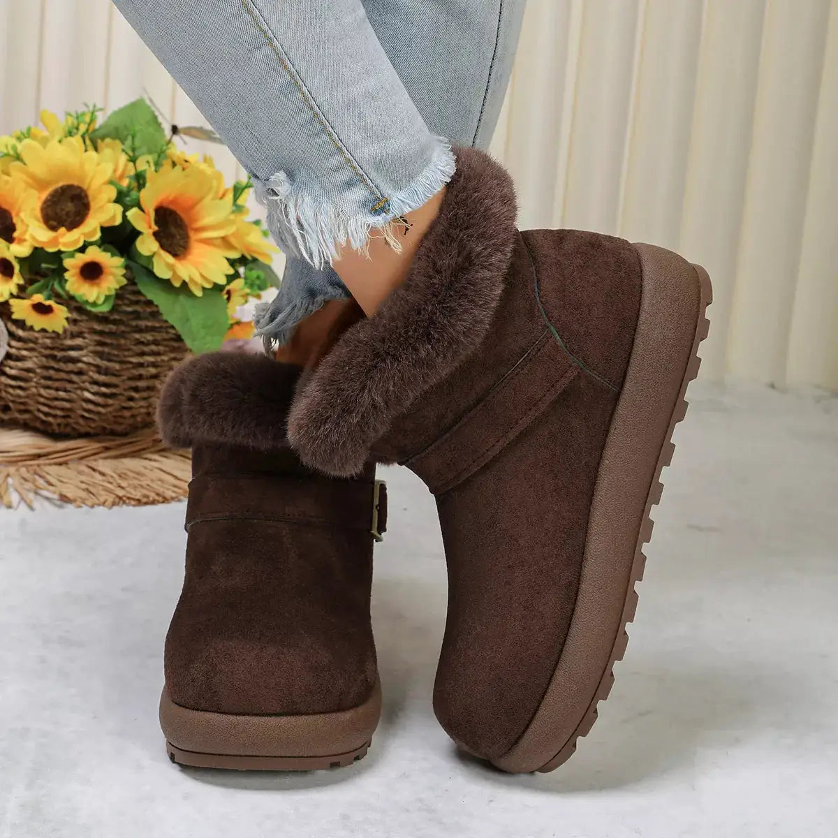 Round Toe Fuzzy Boots by Trendsi