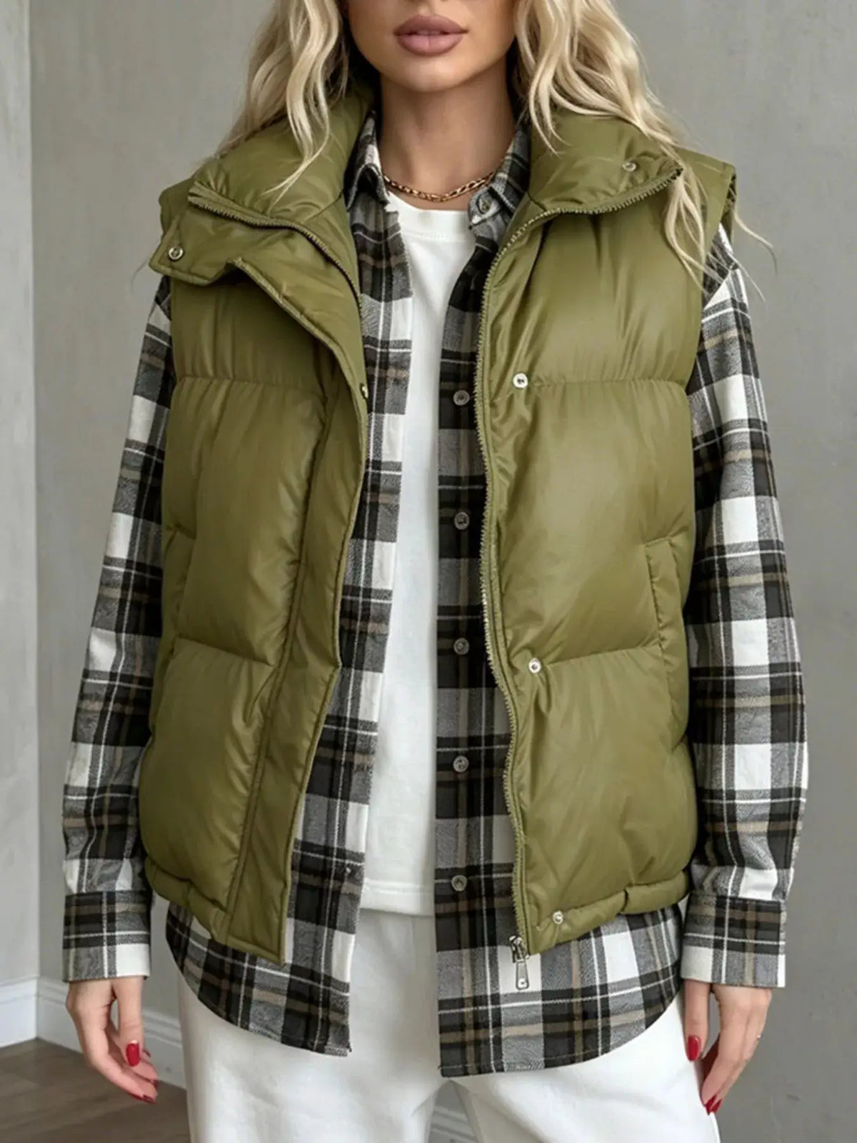 Snap-Button Placket Quilted Puffer Vest Coat by Trendsi
