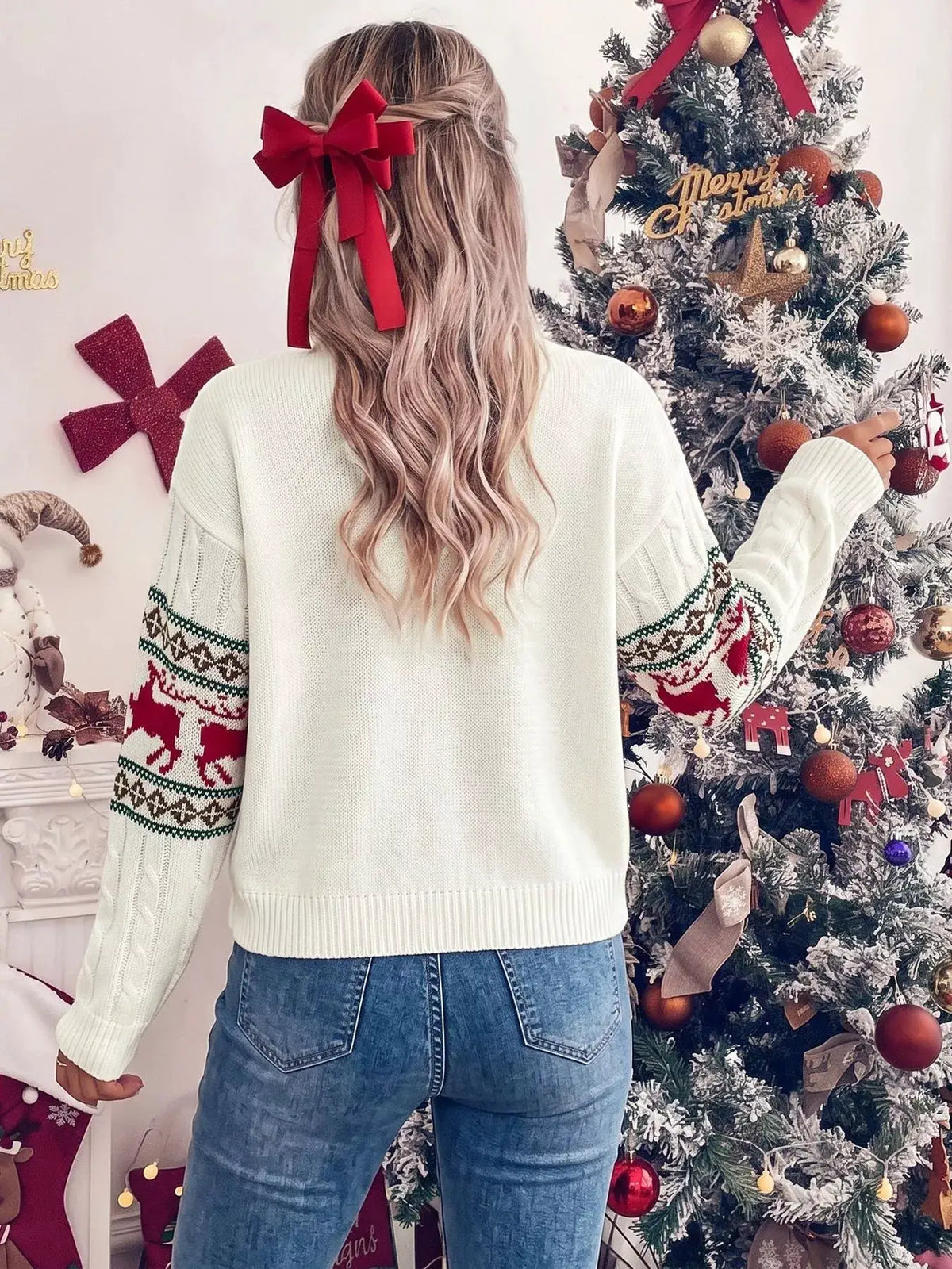 Christmas Reindeer Pattern Cable Knit Sweater by Trendsi