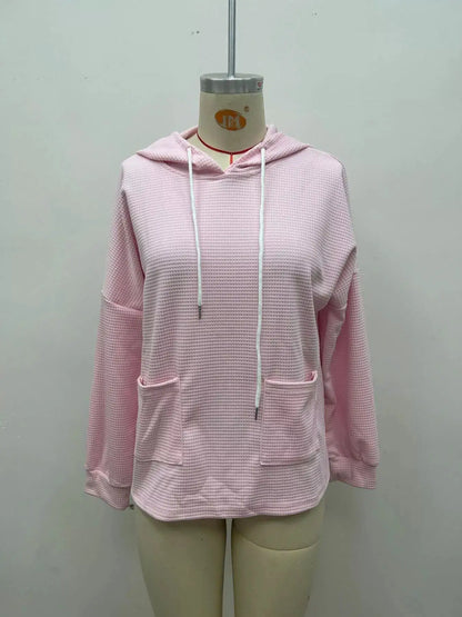 Full Size Waffle Knit Drawstring Long Sleeve Hoodie Plus Size by Trendsi