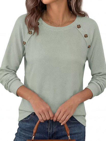 Decorative Button Waffle Knit Long Sleeve T-Shirt by Trendsi