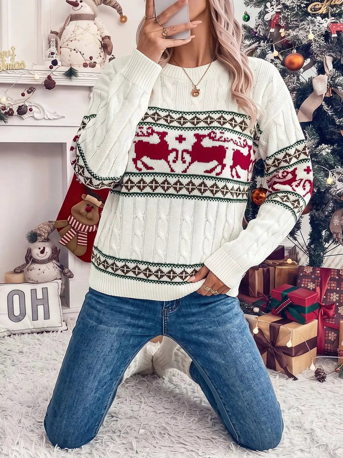 Christmas Reindeer Pattern Cable Knit Sweater by Trendsi