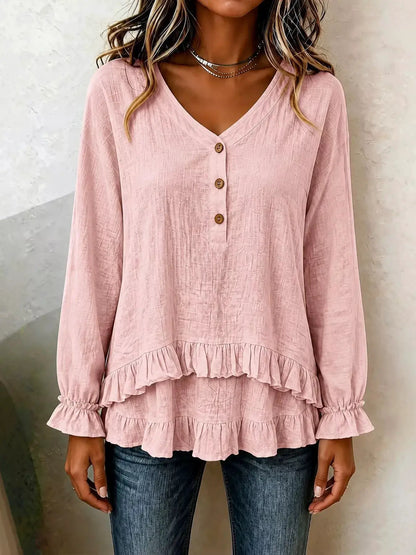 Ruffled Hem Long Sleeve Blouse by Trendsi