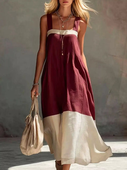 Color-Block Sleeveless Linen-Blend Midi Dress by Trendsi