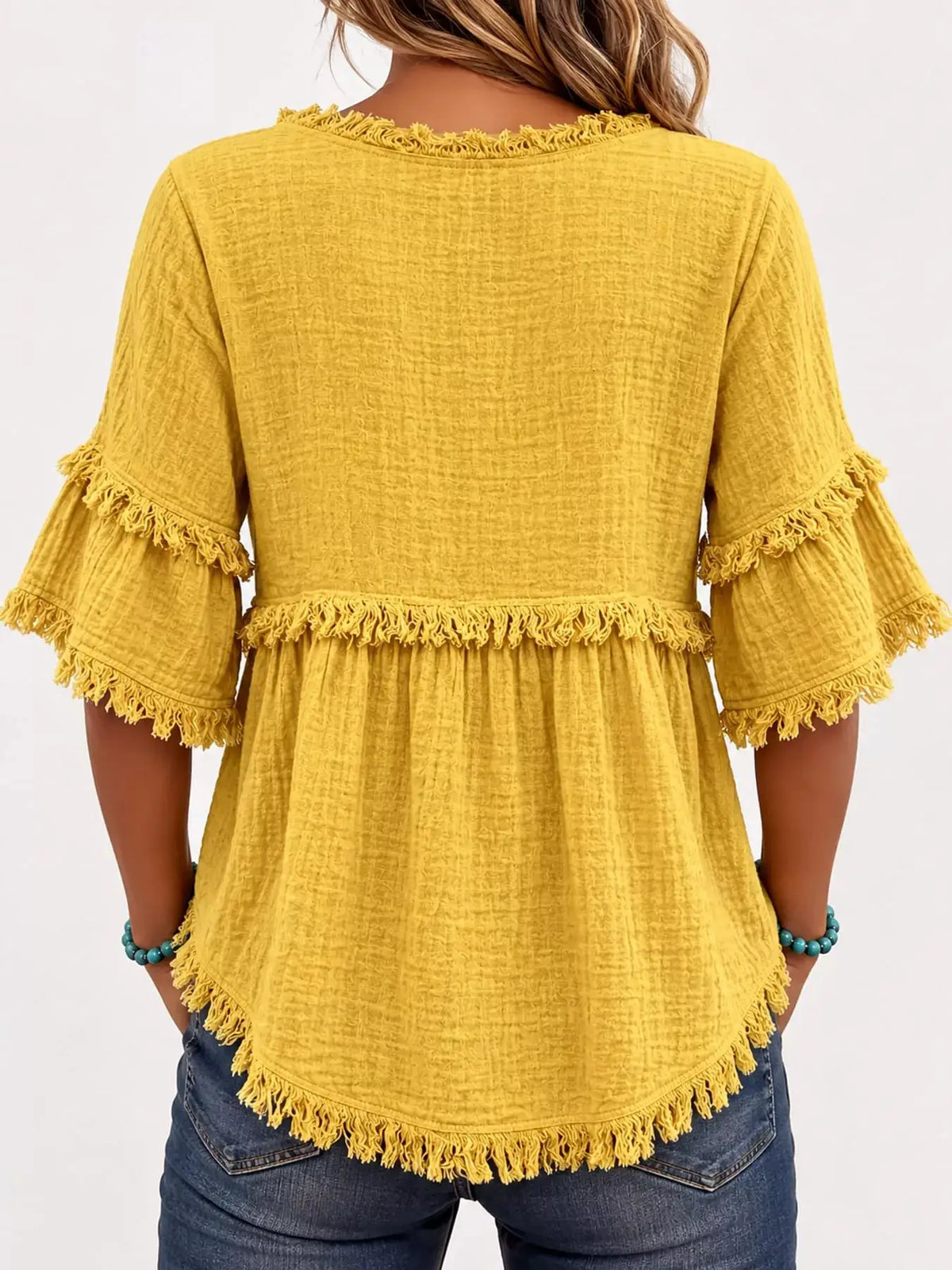 Full Size Frayed Edge Textured Blouse Plus Size by Trendsi