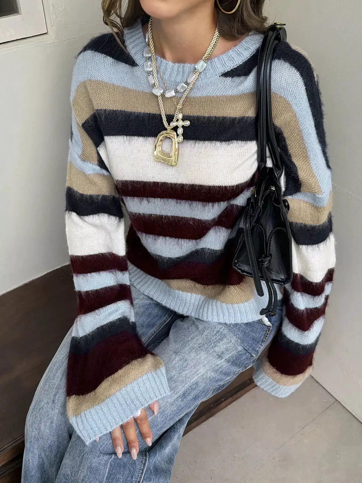 Multi-Color Striped Fuzzy Sweater by Trendsi