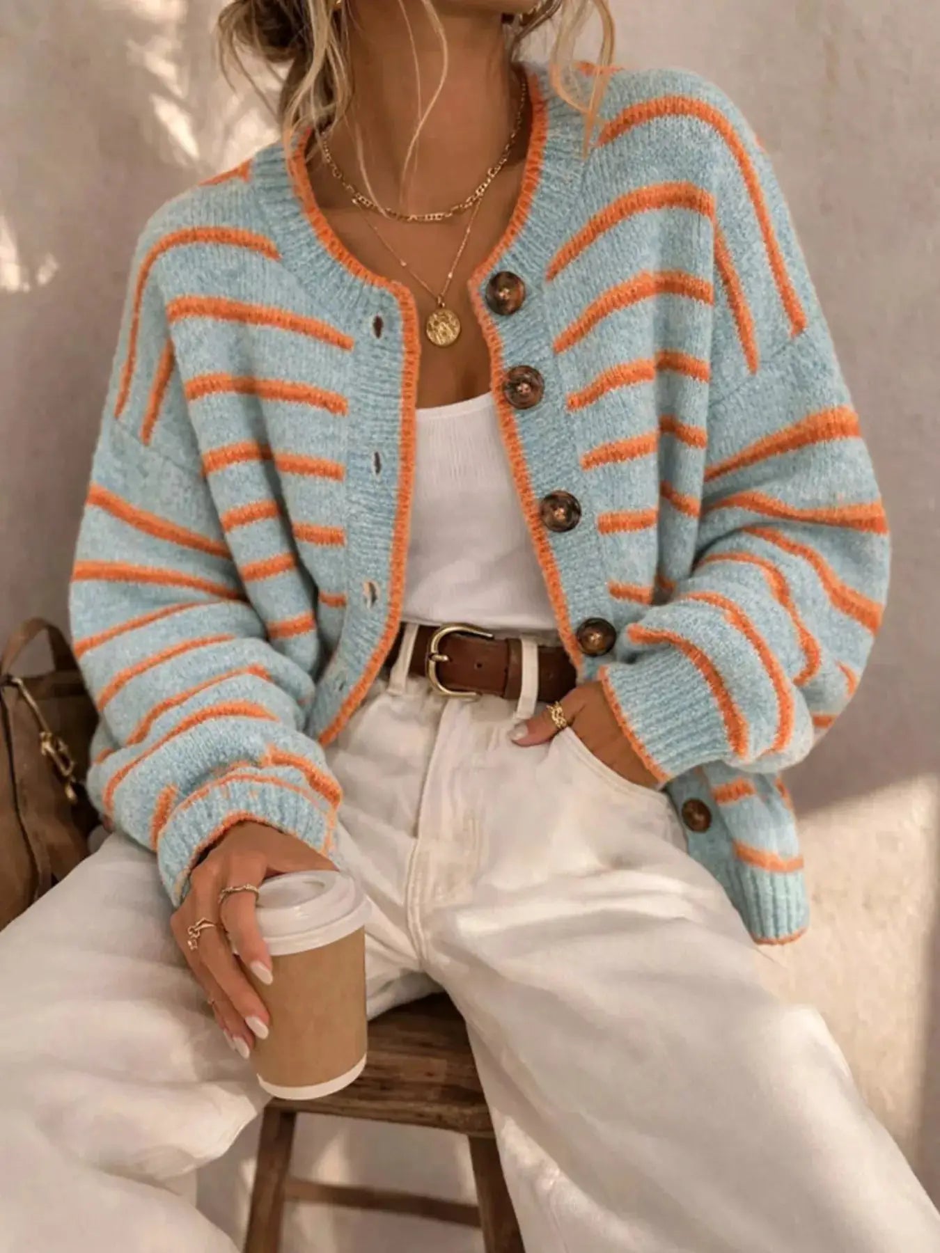 Striped Button-Down Knit Cardigan by Trendsi