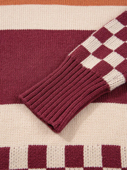 Checkered Color Block Knitted Drop Shoulder Sweater by Trendsi