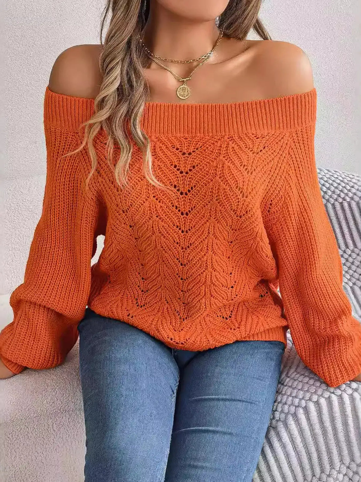 Openwork Off-Shoulder Sweater by Trendsi