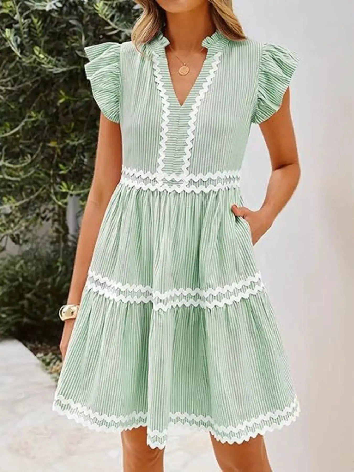 Striped Ruffle Sleeve Tiered Dress by Trendsi