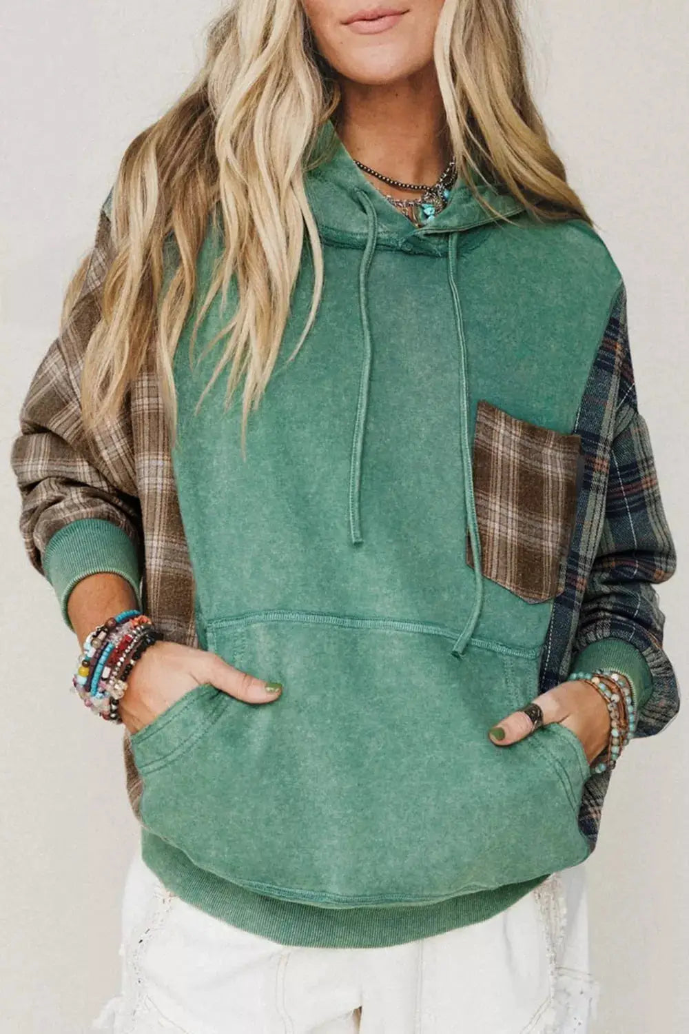 Plaid Kangaroo Pocket Hoodie by Trendsi