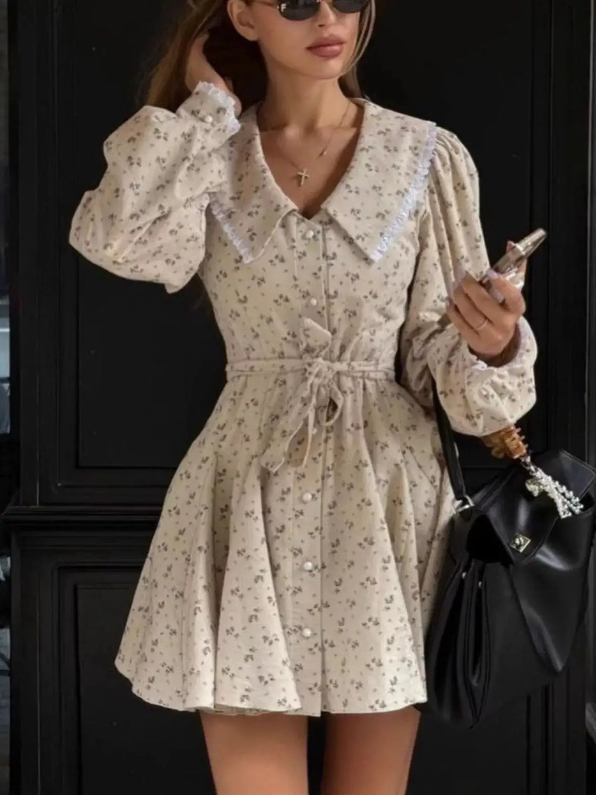 Floral Print Puff Sleeve Button-Down Mini Dress by Trendsi