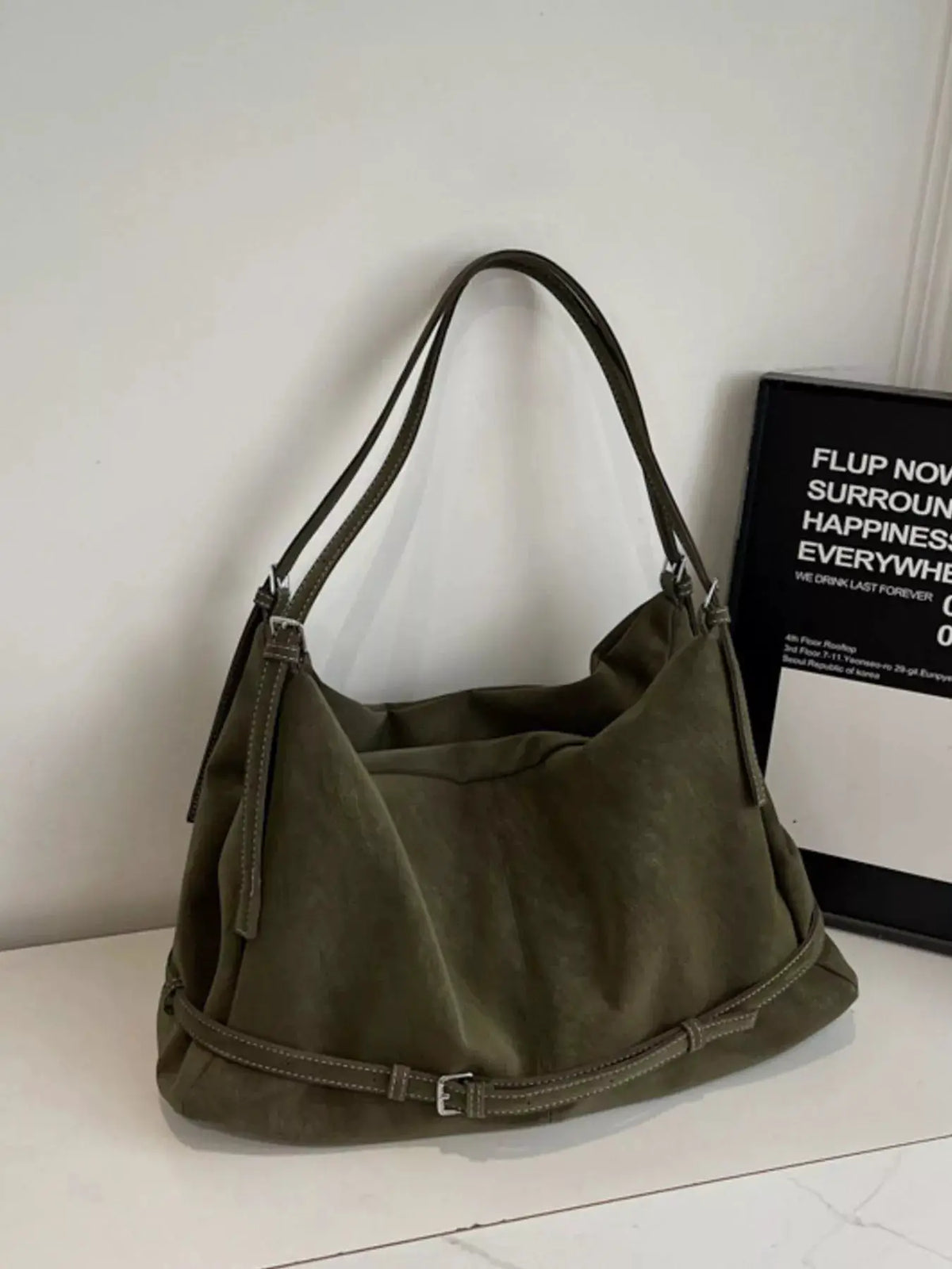 Adjustable Strap Suede Handbag by Trendsi