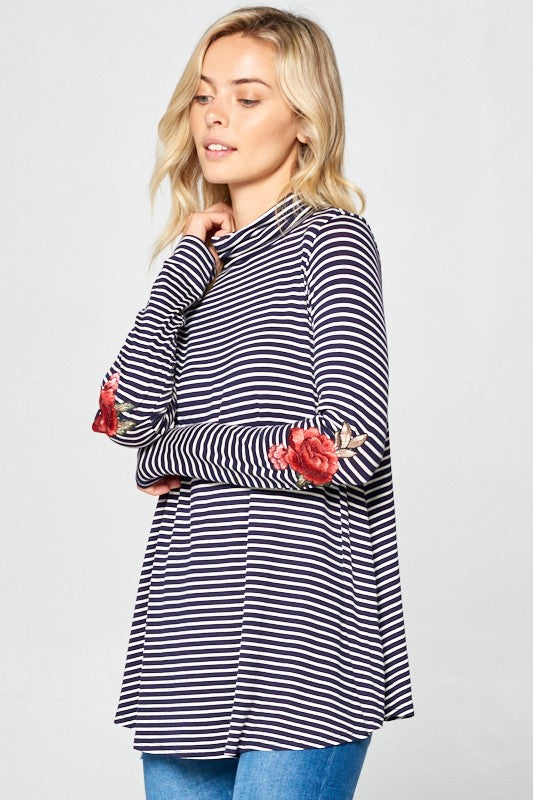 STRIPE JERSEY TURTLE NECK CASUAL TOP