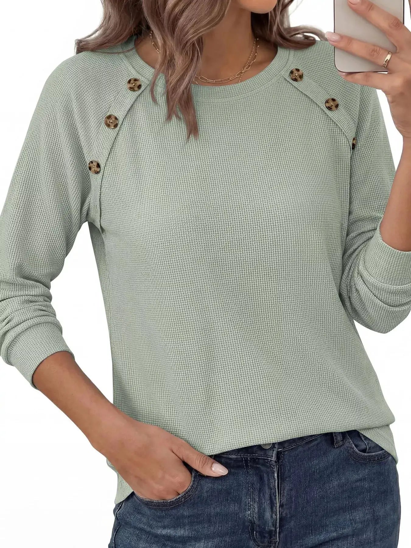 Decorative Button Waffle Knit Long Sleeve T-Shirt by Trendsi